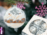 Set of - brown huts on - white -  100 mm glass christmas balls 