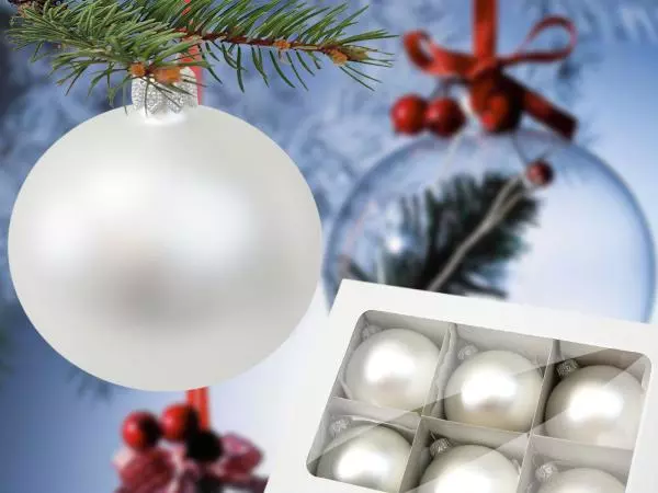 Set of - white pearl Mat -  80 mm glass christmas balls  6 pcs
