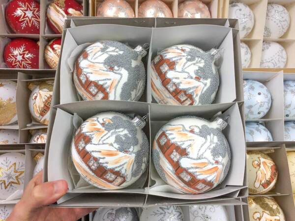 Set of - brown huts on - white -  100 mm glass christmas balls 