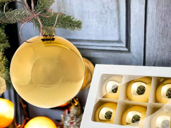 Set of golden gloss -  80 mm glass christmas balls  6 pcs