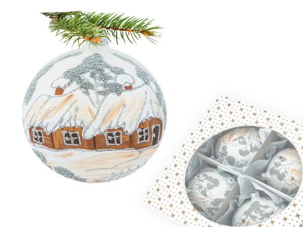 Set of - brown huts on - white -  100 mm glass christmas balls 